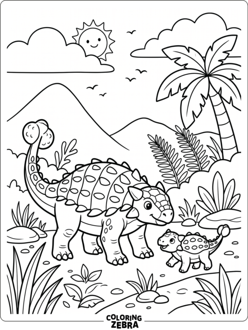 An ankylosaurus beside a smaller baby dinosaur
