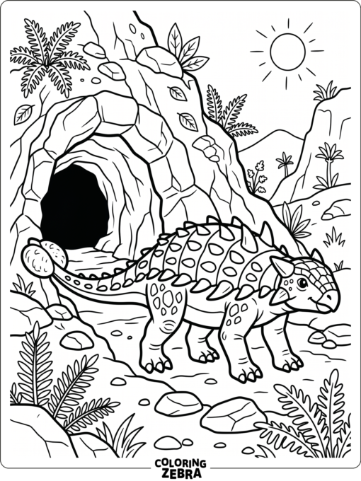 An ankylosaurus near a cave entrance