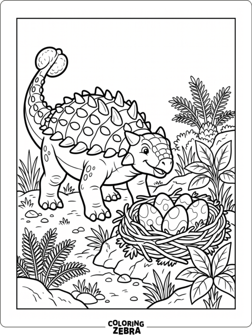 An ankylosaurus beside a nest of eggs