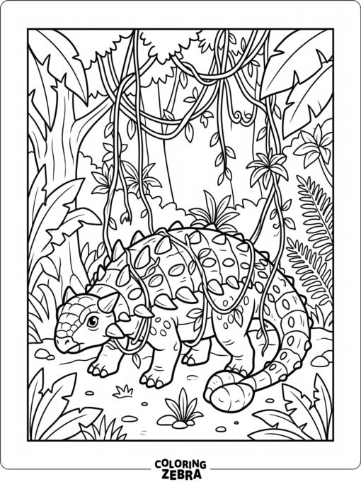 An ankylosaurus wrapped by hanging jungle vines