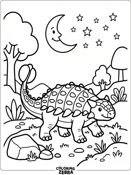 An ankylosaurus under a crescent moon and stars