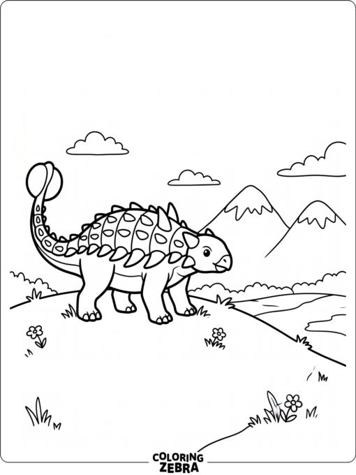 An ankylosaurus on a hill with distant mountains