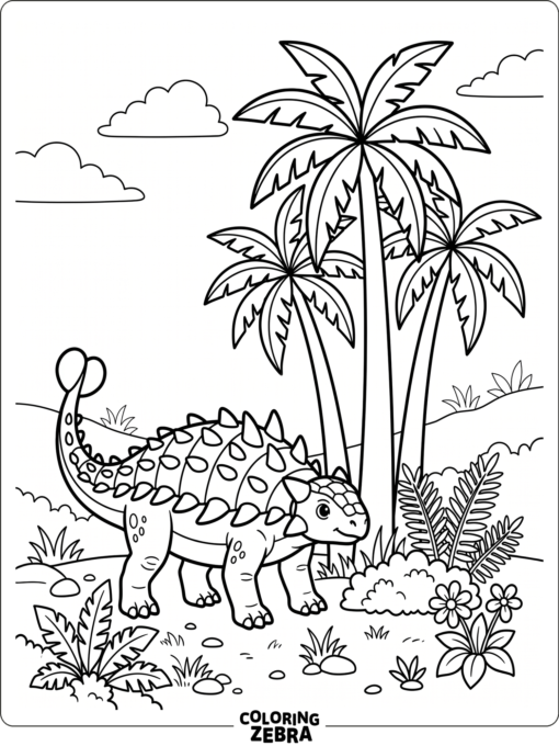An ankylosaurus beside tall palm trees