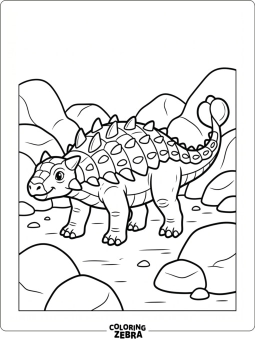 An ankylosaurus standing among rounded rocks