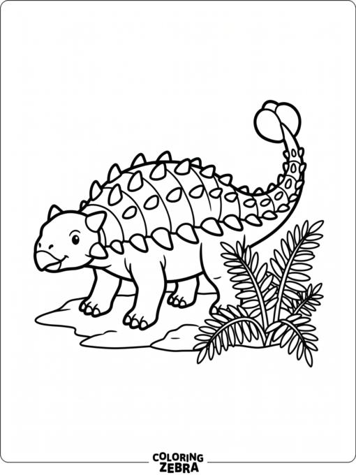 An ankylosaurus with spikes along its back near ferns