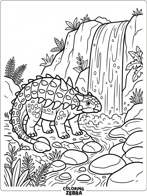 An ankylosaurus near a waterfall and smooth rocks