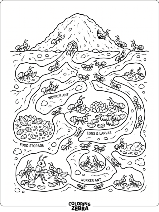 An ant colony with tunnels, eggs, and worker ants