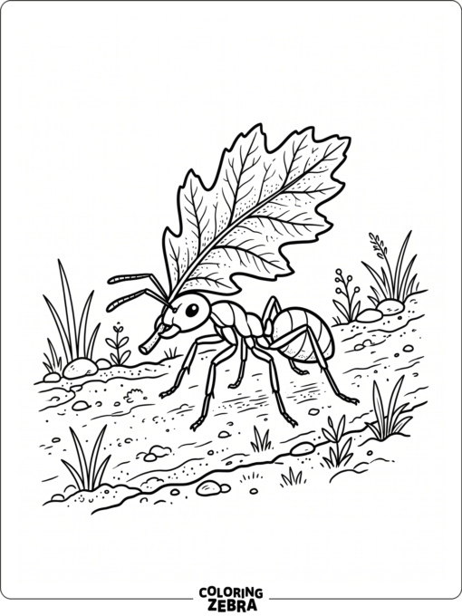 A small ant carrying a leaf across a plain path