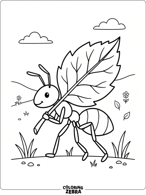 A simple ant outline with a leaf nearby