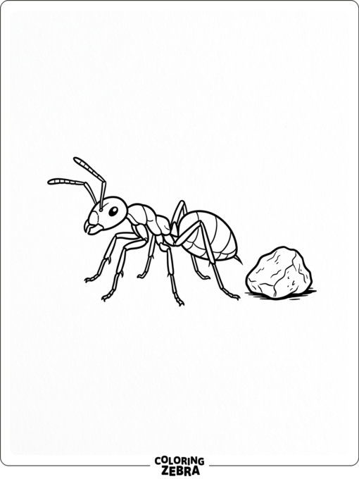 A single ant on a blank page with a rock