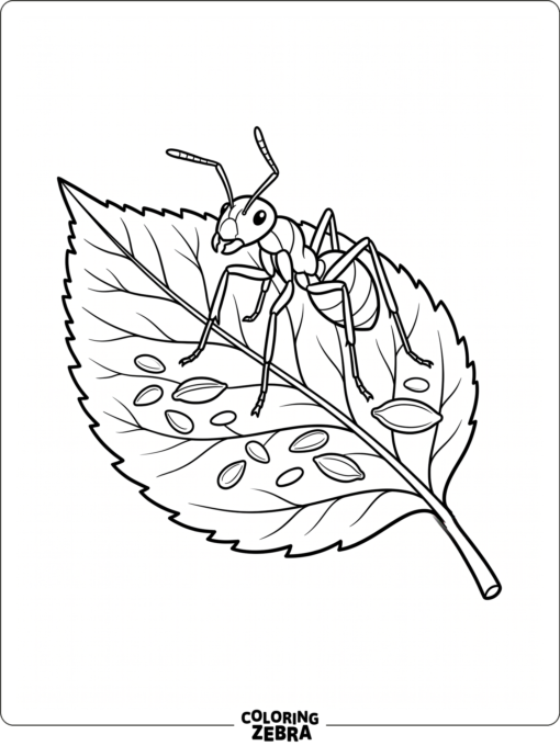 An ant standing on a leaf near small seeds