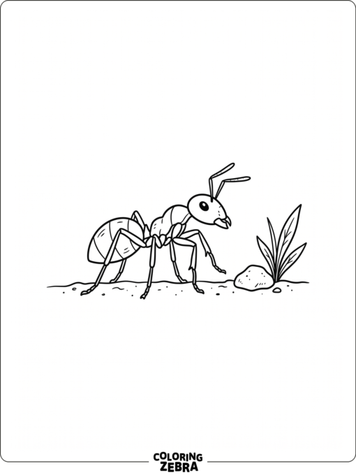 A lone ant walking past a pebble and grass