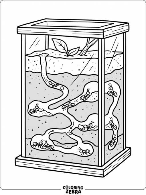 An ant farm with sand layers and tunnels