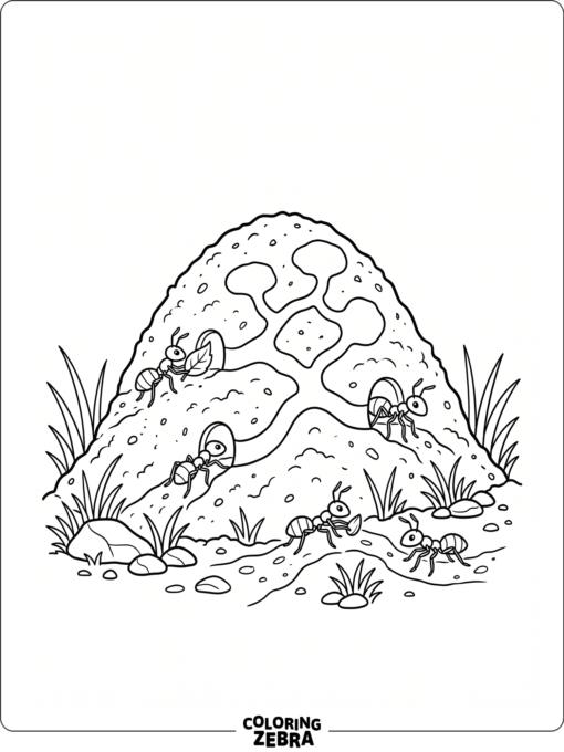 An ant hill with ants moving in and out