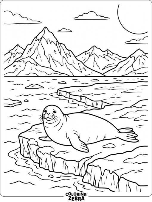 An Antarctic seal on ice with mountains