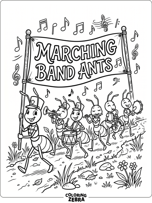 Ants marching with musical notes and a banner