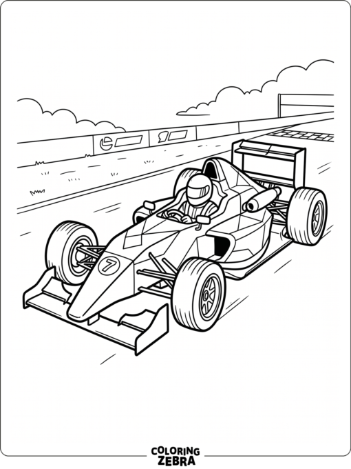 An open cockpit race car with sharp bodywork and exposed wheels