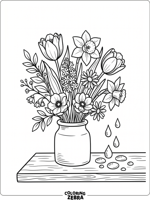 April flowers in a vase with raindrops nearby