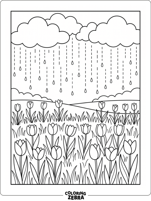 Soft rain falling over spring flowers