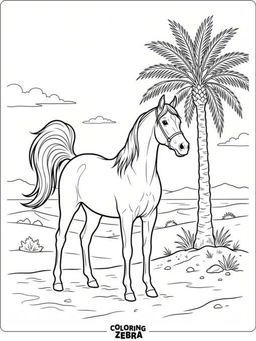 An Arabian horse stands beside a palm tree
