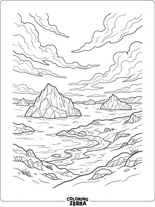 An arctic scene with icebergs and a snowy shore