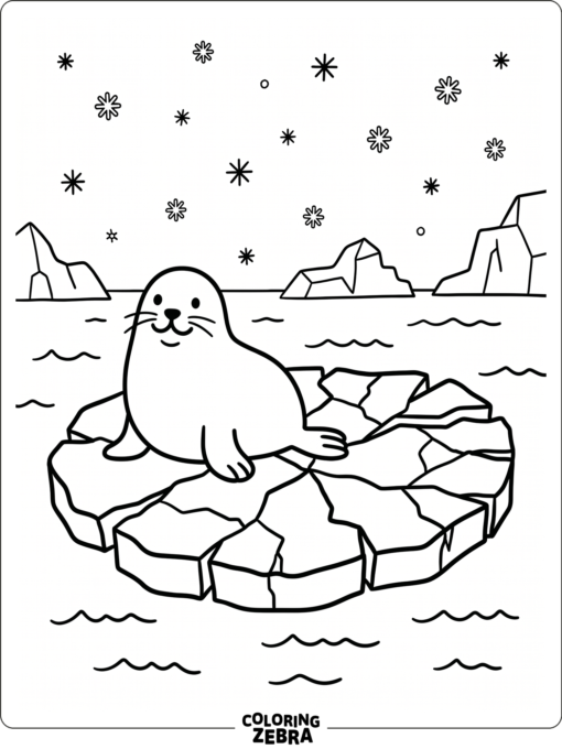 An arctic seal on ice with snowflakes and icebergs