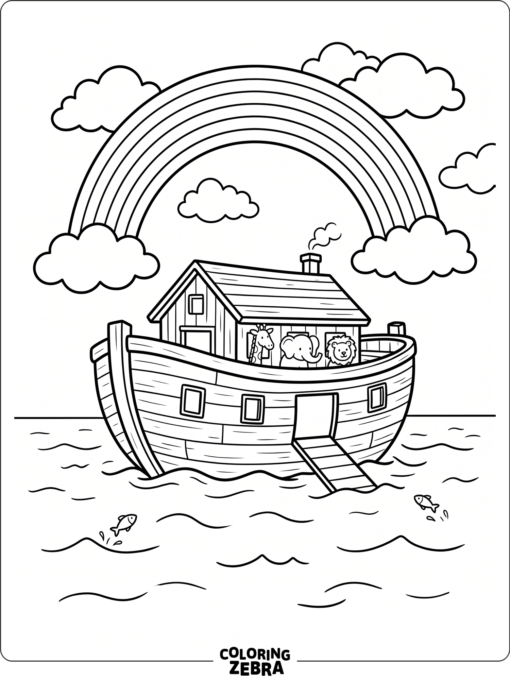 An ark boat on water beneath a rainbow