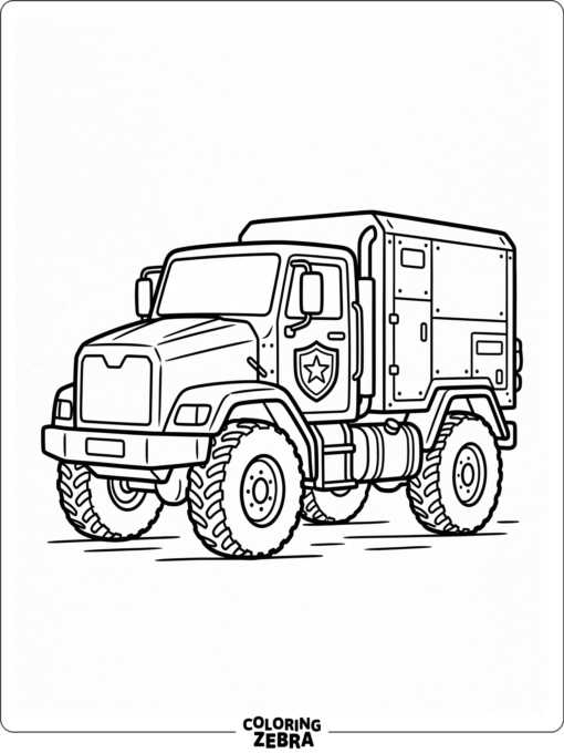 An army car with large tires and a shield emblem