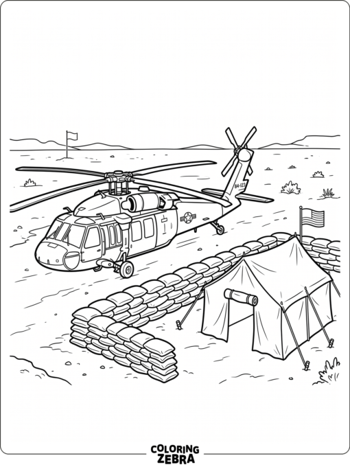 Army helicopter beside a base tent and sandbags