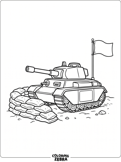 An army tank beside sandbags and a small flag