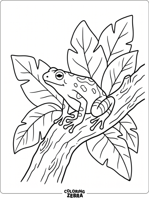 An arrow frog on a branch with broad jungle leaves