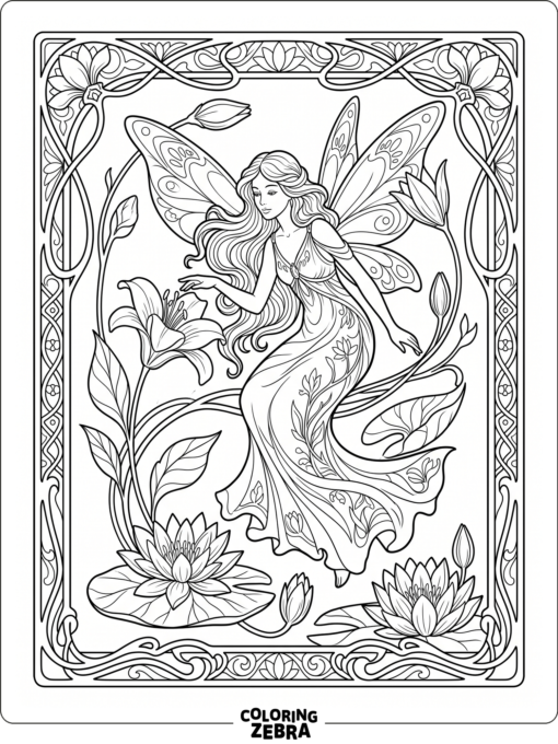 An art nouveau fairy with lilies and flowing lines