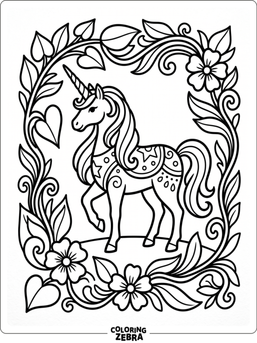 An ornate unicorn framed by flowing leaves and curved floral lines