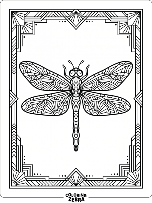 An art deco dragonfly with geometric borders