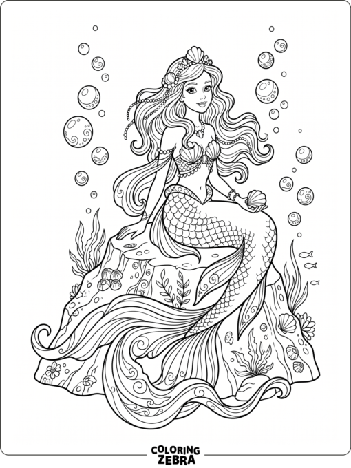 An artistic mermaid sitting on a rock with bubbles