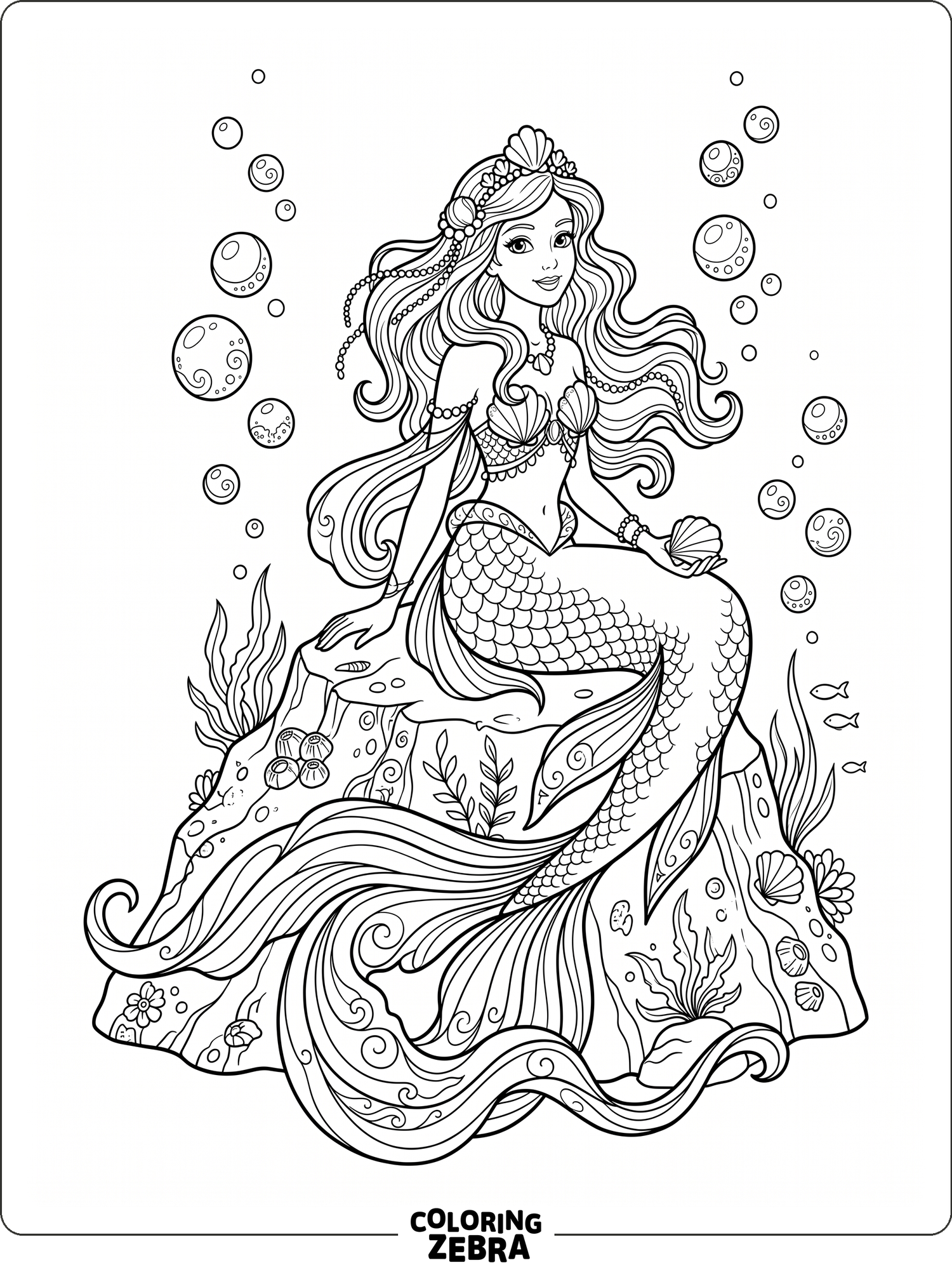 An artistic mermaid sitting on a rock with bubbles