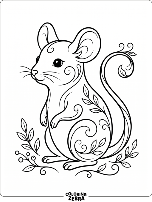 A mouse in elegant line art with leaf accents