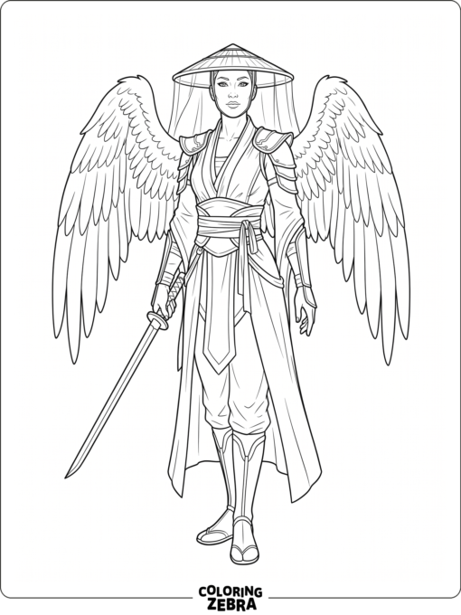 Ashrah standing with a sword and calm wings