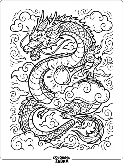 A long dragon curls through clouds around a glowing pearl