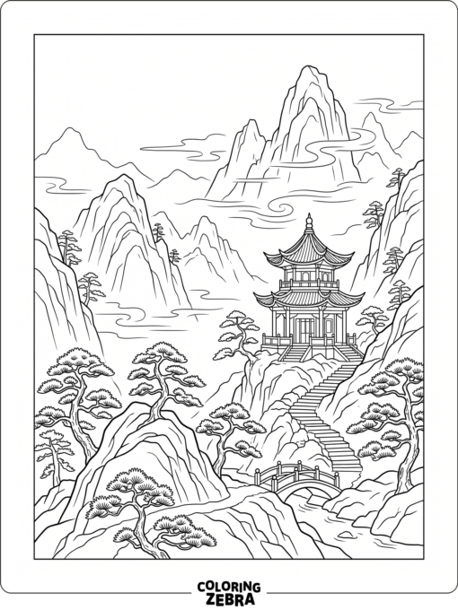 An Asian mountain scene with a pagoda and pine trees