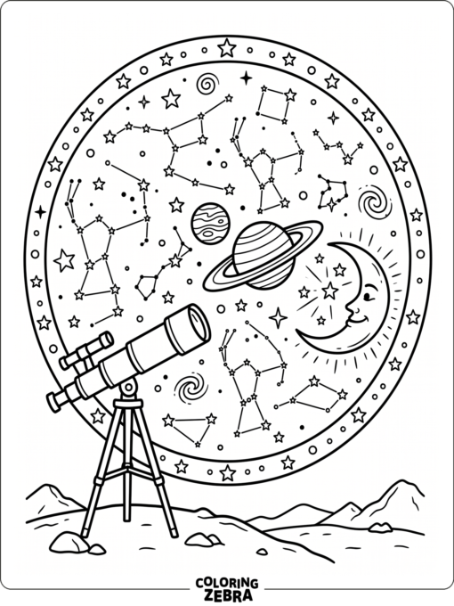Un mapa estelar con un planeta y un telescopio