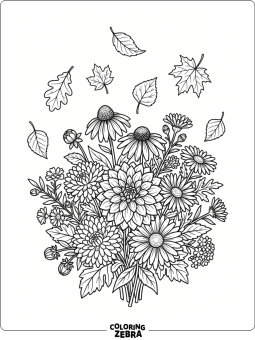A cluster of autumn flowers with falling leaves