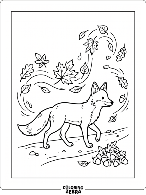 A fox walking past autumn leaves and acorns