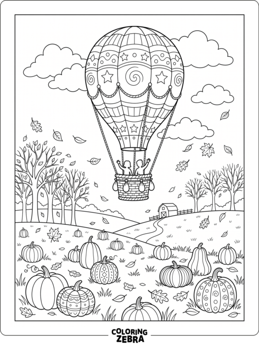 A hot air balloon floating above pumpkins and autumn leaves