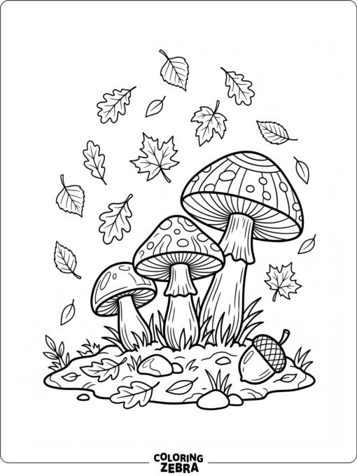 Autumn mushrooms with leaves and an acorn