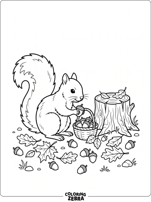 A squirrel with acorns and autumn leaves