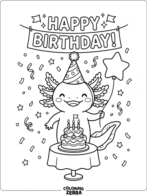 A birthday axolotl with a party hat and cake