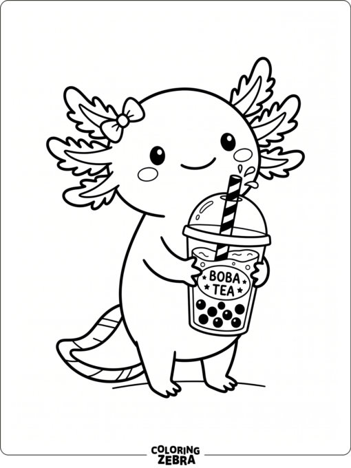 An axolotl holding a bubble tea cup