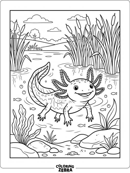 A friendly axolotl in a pond with reeds