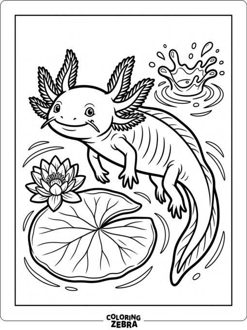 An axolotl outline with a pond lily and splash